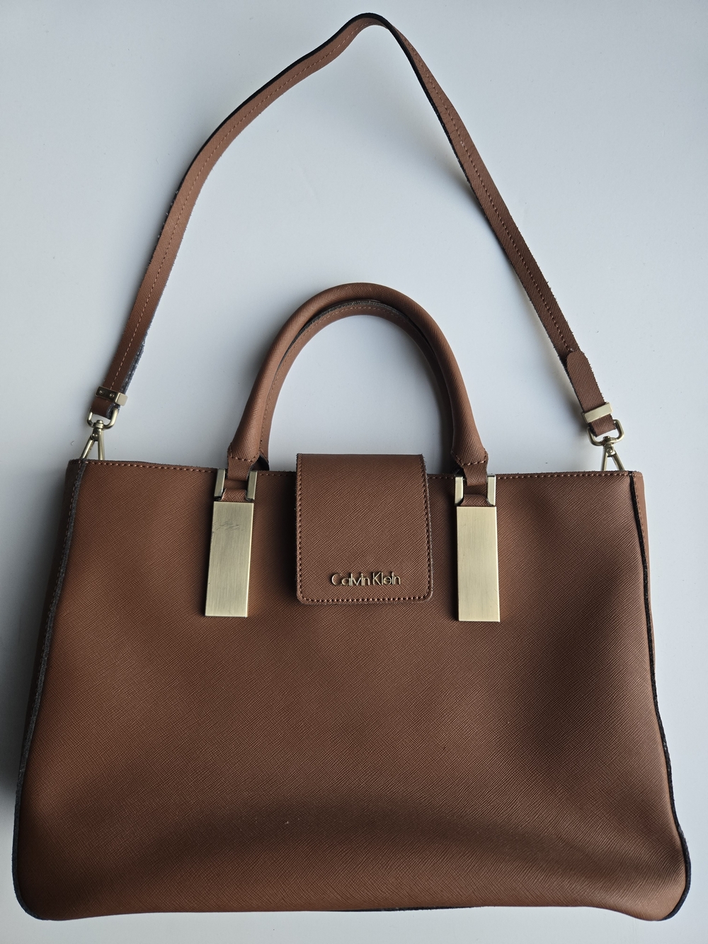 Calvin Klein Cognac Saffiano Leather Convertible Satchel Tote Bag - Picture 2 of 16